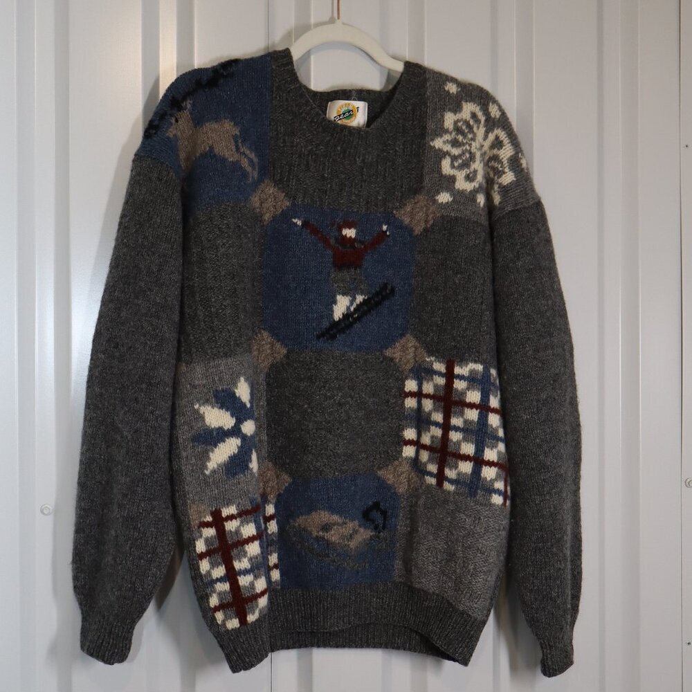 Field Gear Vintage Men's Sweater Winter Ski Theme 100% Wool Size Large Tall Gray